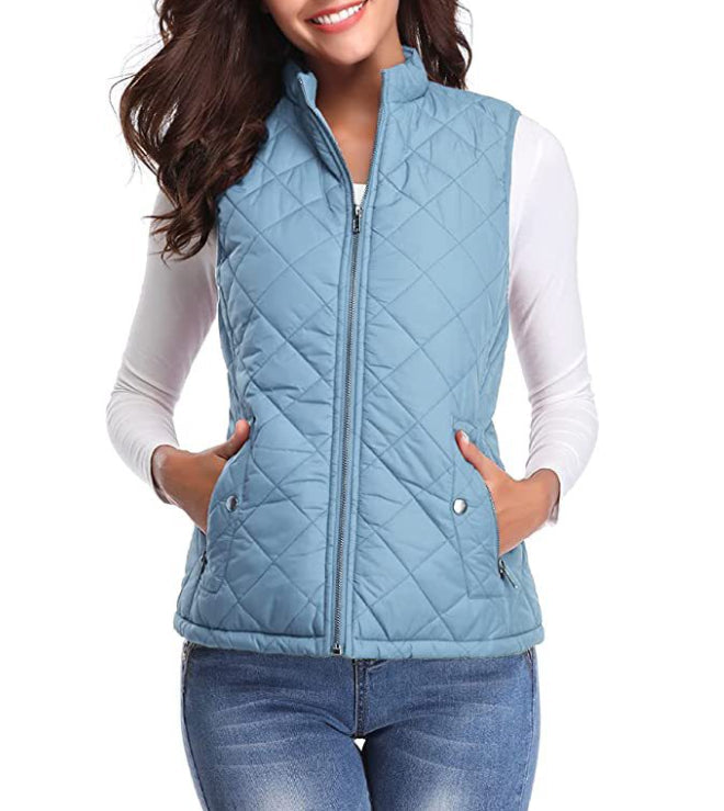 Women quilted zip front vest top stretch diamond pattern stand collar