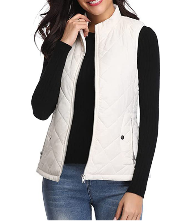 Women quilted zip front vest top stretch diamond pattern stand collar