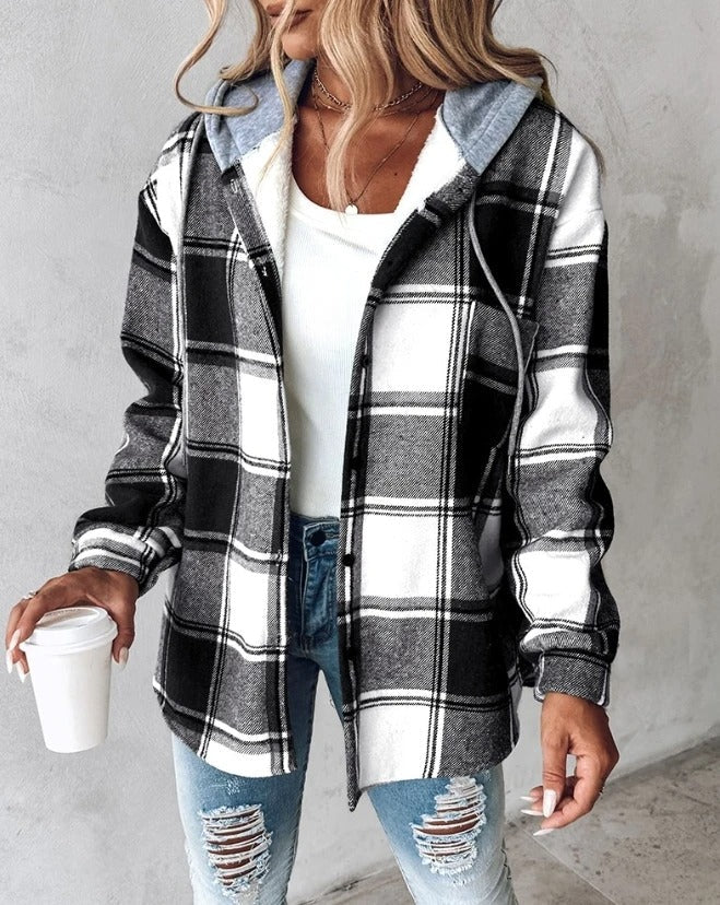 Plaid hooded jacket women oversized winter coat with pockets