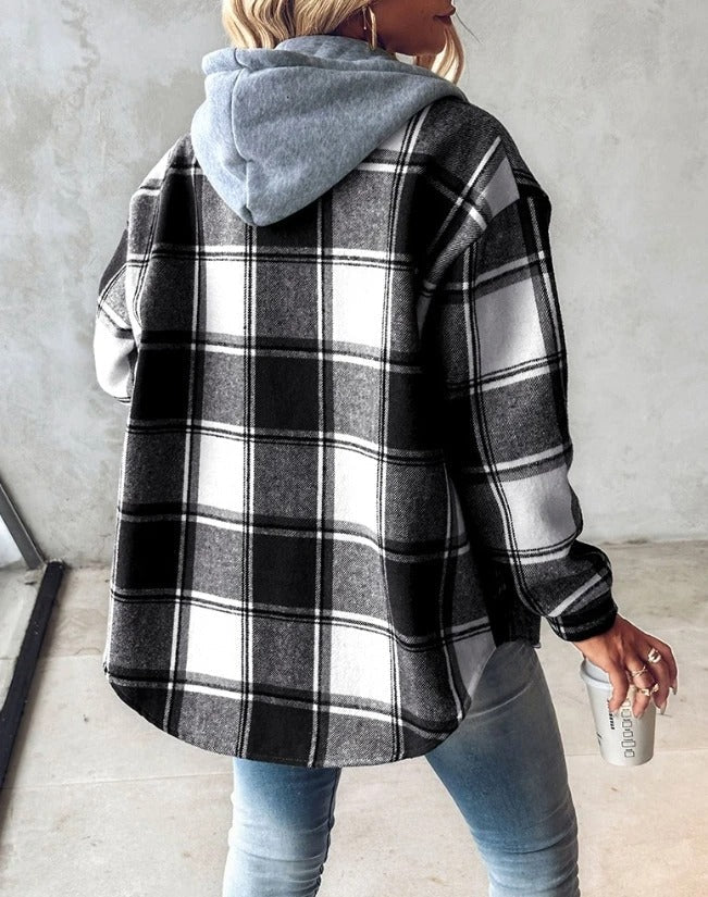 Plaid hooded jacket women oversized winter coat with pockets