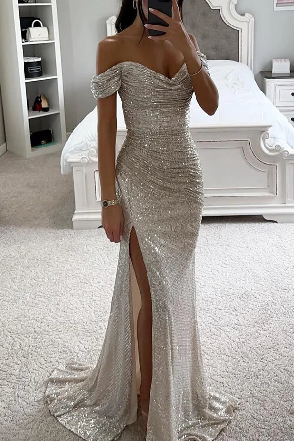 Sequin Evening Maxi Dress | Off-Shoulder, Split Hem | Party Wear