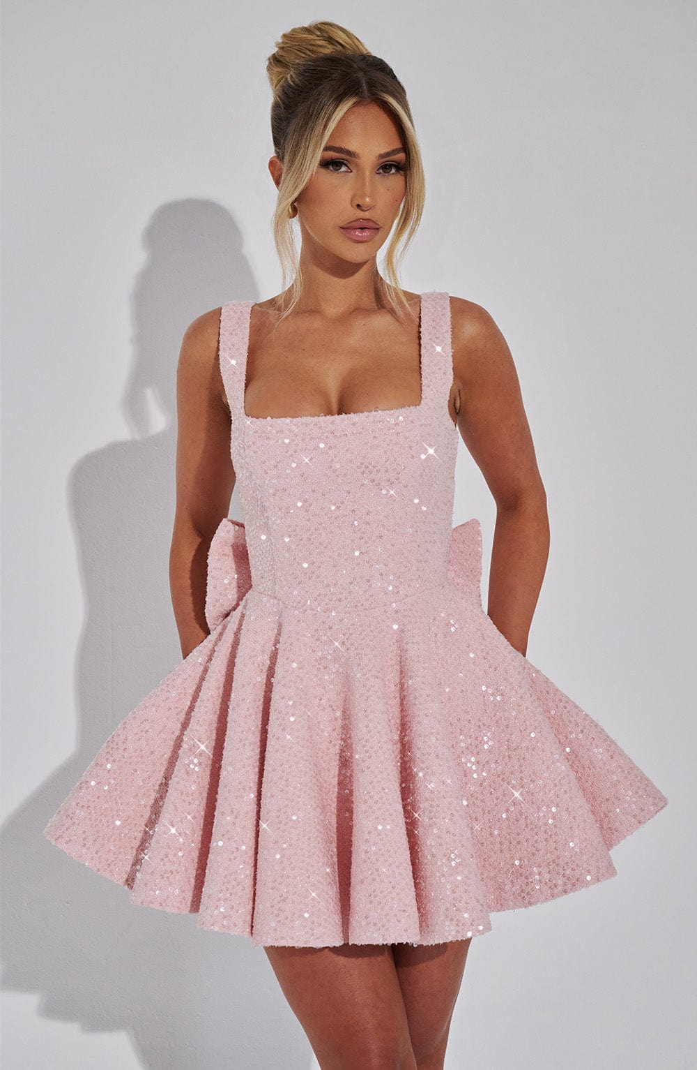 Mini Sequin Dress | Bow Detail, Flared Skirt | Party Dress
