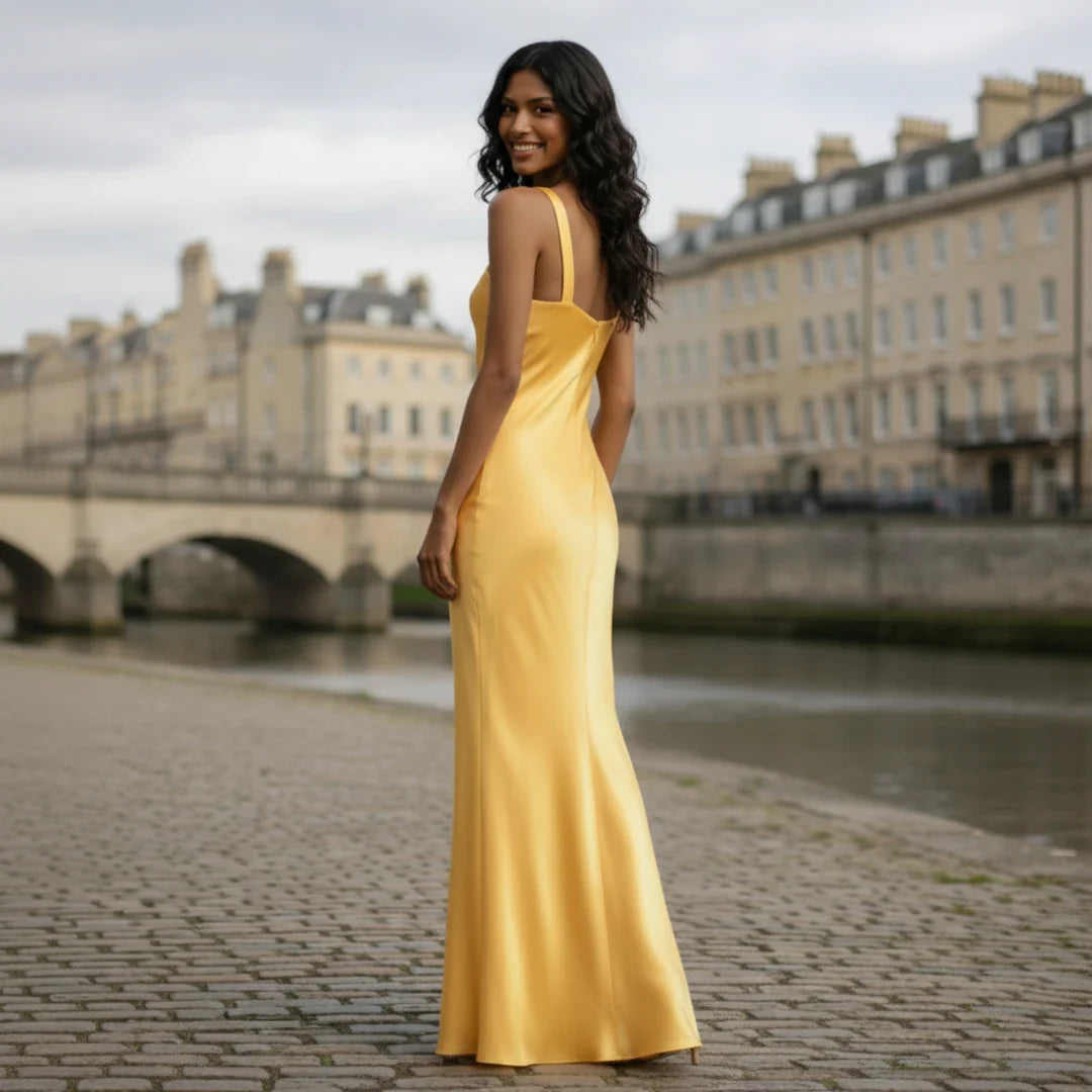 Satin Dress | Asymmetrical Neckline, Open Back
