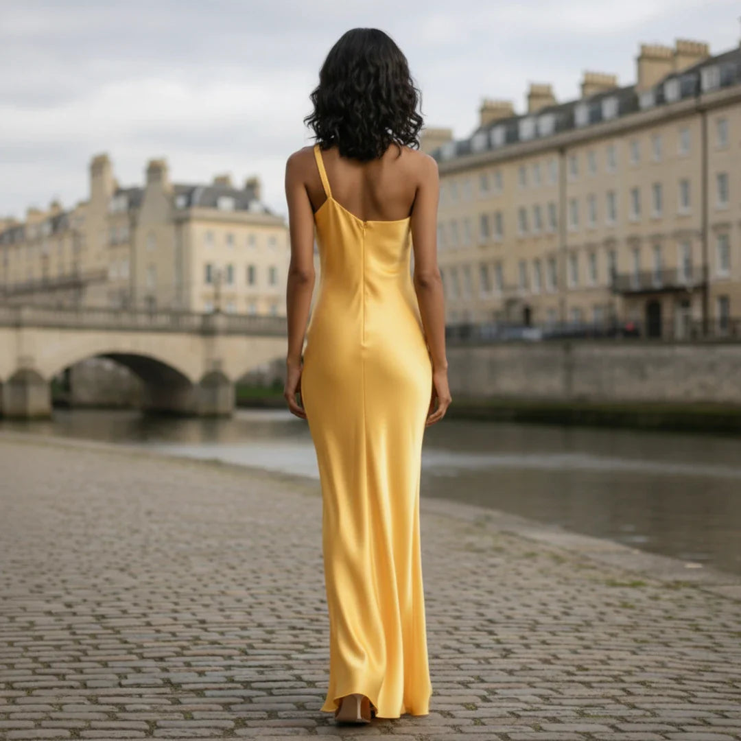 Satin Dress | Asymmetrical Neckline, Open Back