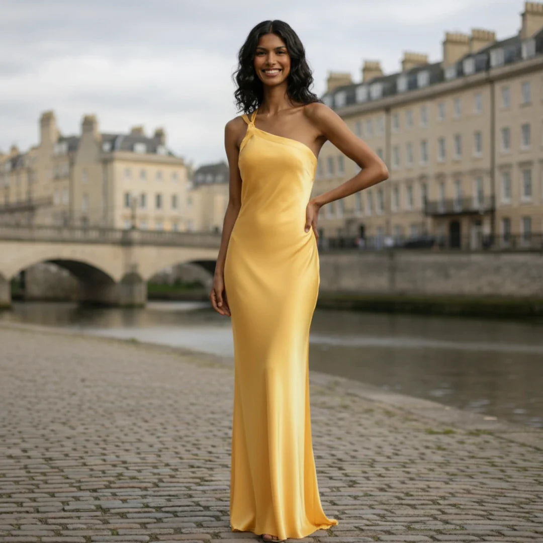 Satin Dress | Asymmetrical Neckline, Open Back