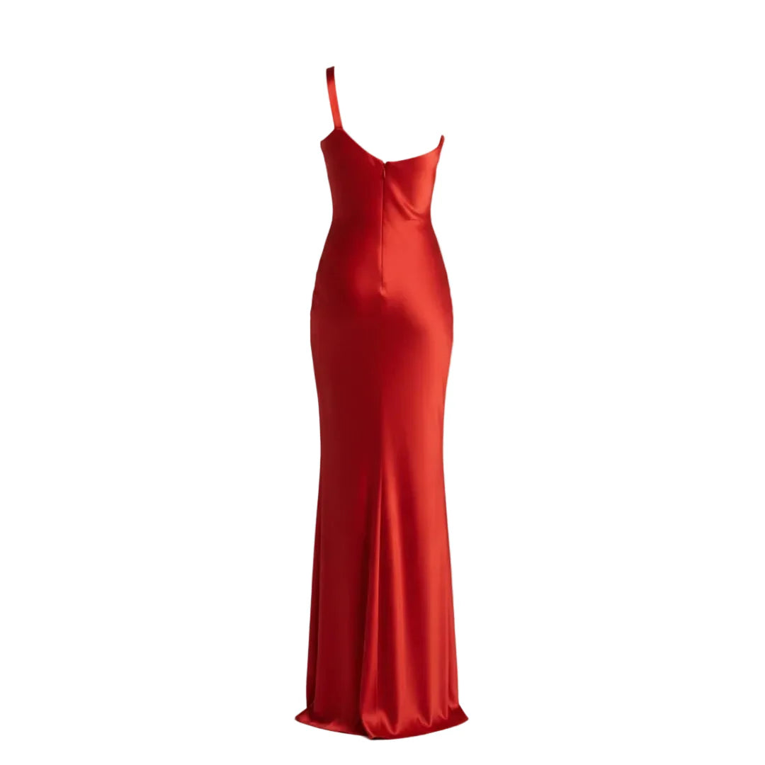 Satin Dress | Asymmetrical Neckline, Open Back