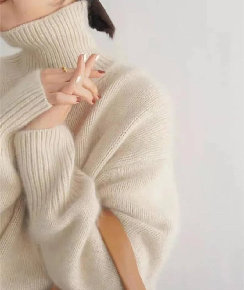 Women cashmere turtleneck sweater loose fit solid color