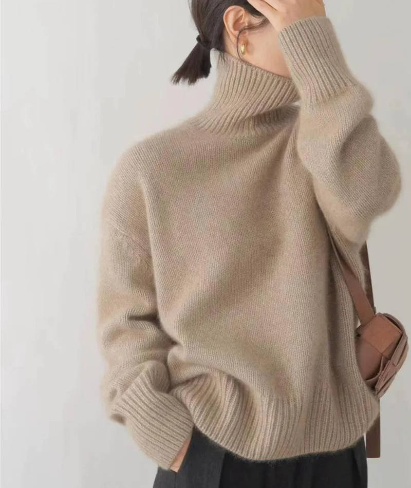 Women cashmere turtleneck sweater loose fit solid color