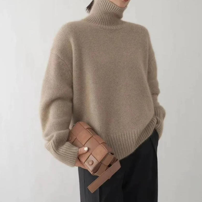 Women cashmere turtleneck sweater loose fit solid color