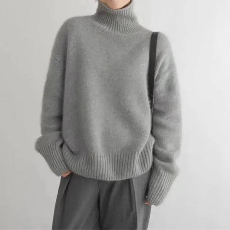 Women cashmere turtleneck sweater loose fit solid color