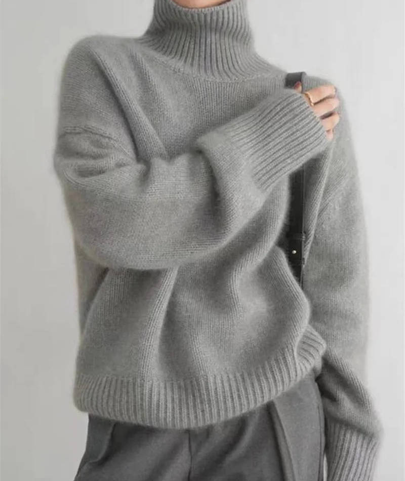 Women cashmere turtleneck sweater loose fit solid color