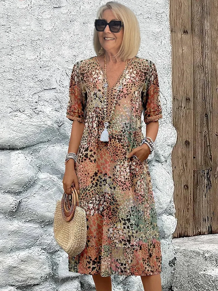 Midi Evening Dress | Floral Design, V Neck | Evening Party