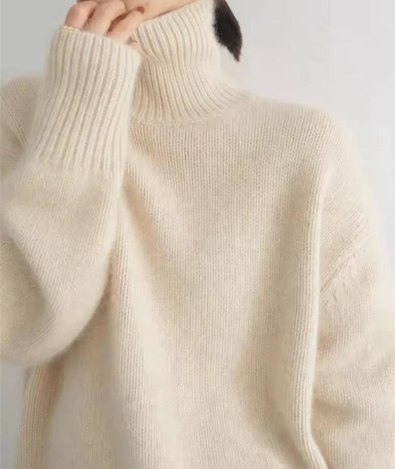 Women cashmere turtleneck sweater loose fit solid color