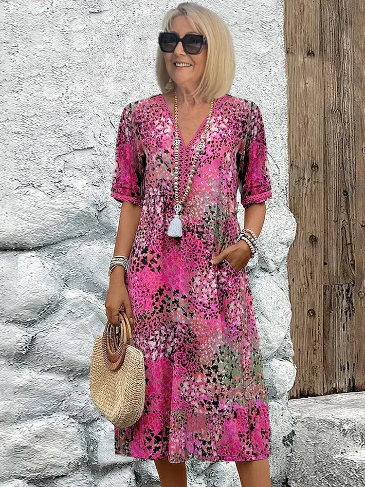 Midi Evening Dress | Floral Design, V Neck | Evening Party