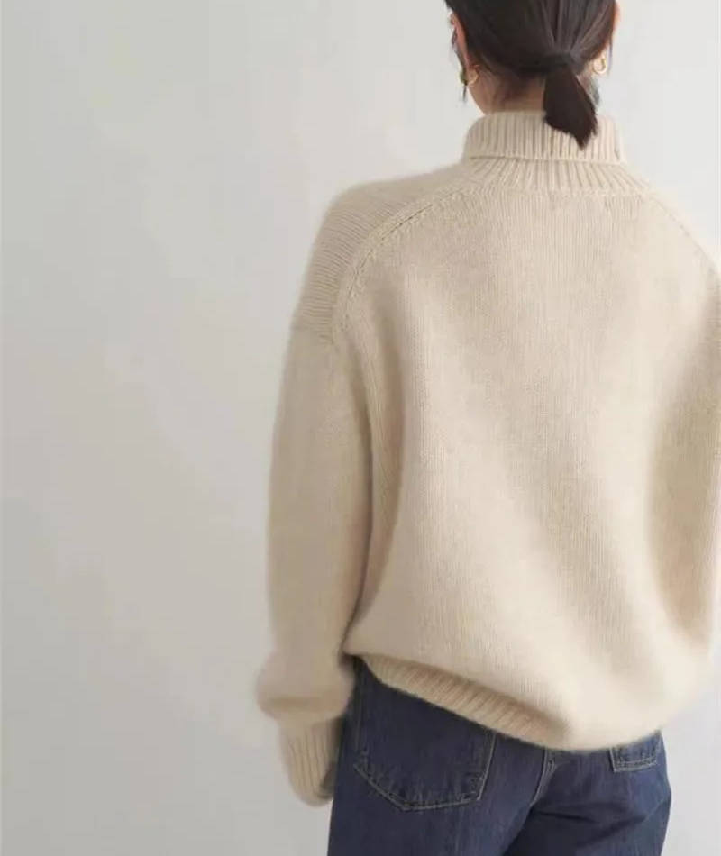 Women cashmere turtleneck sweater loose fit solid color