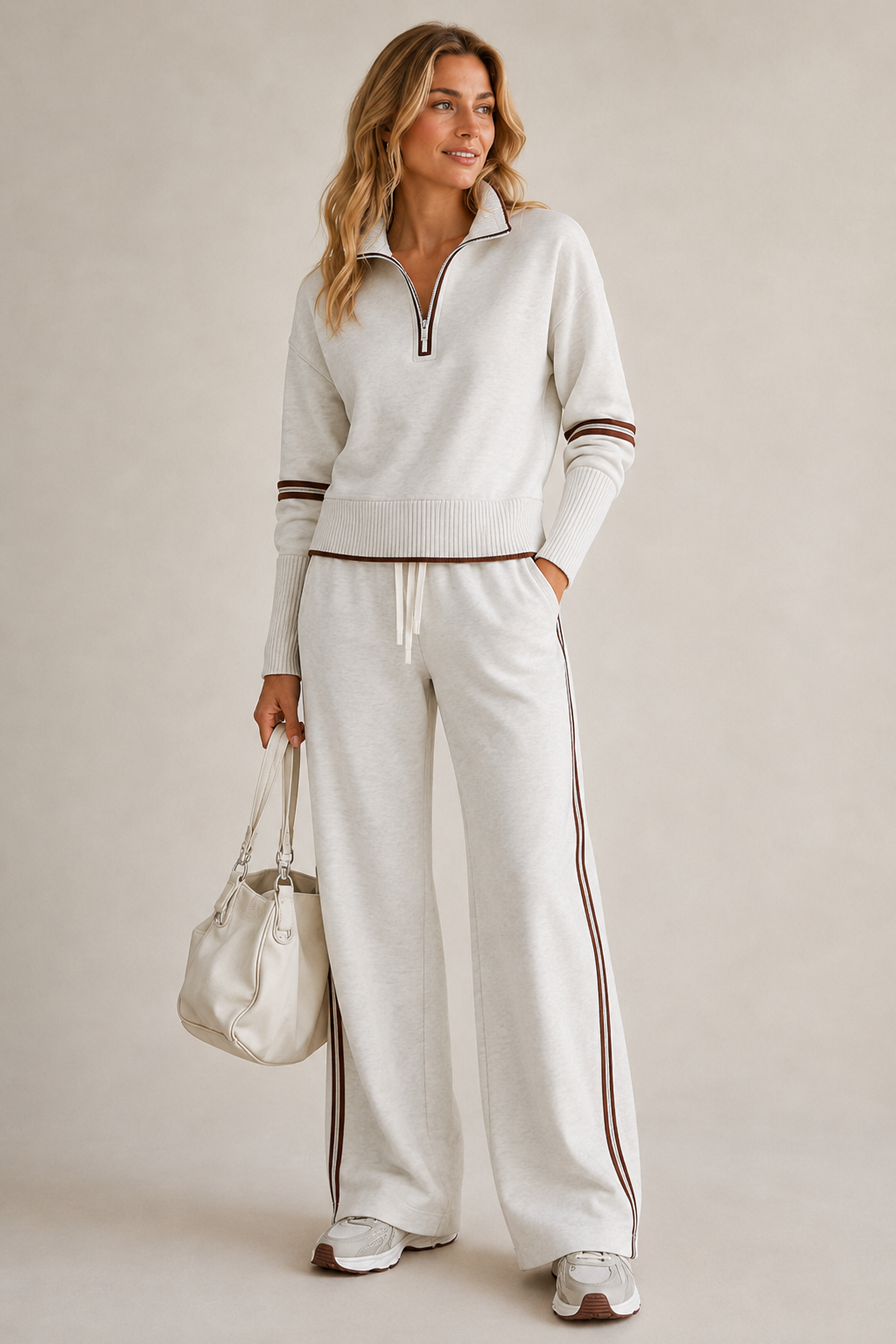 Women 2 Piece Zip Sweatshirt Wide Leg Set with stripe trim detail