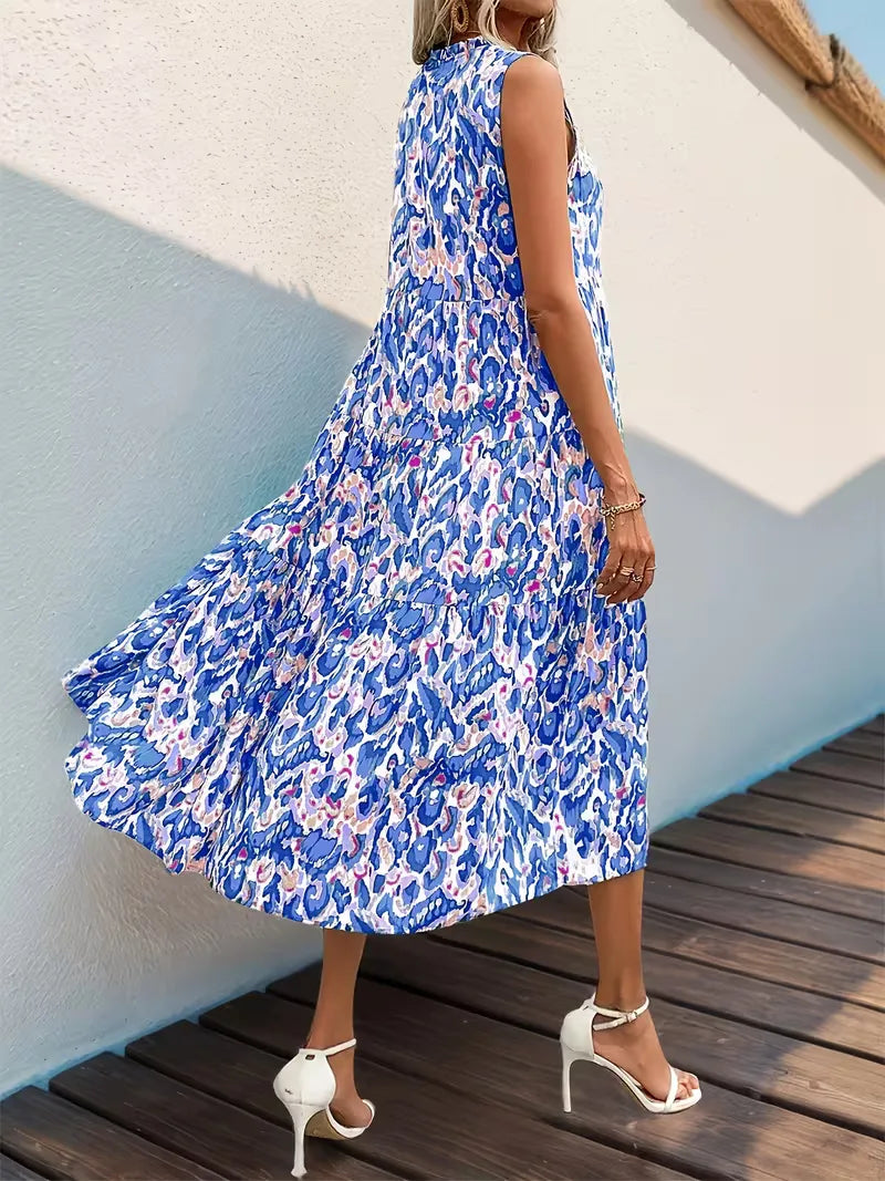 Linen Loose Summer Dress | Bohemian A-Line, V-Neck | Colorful