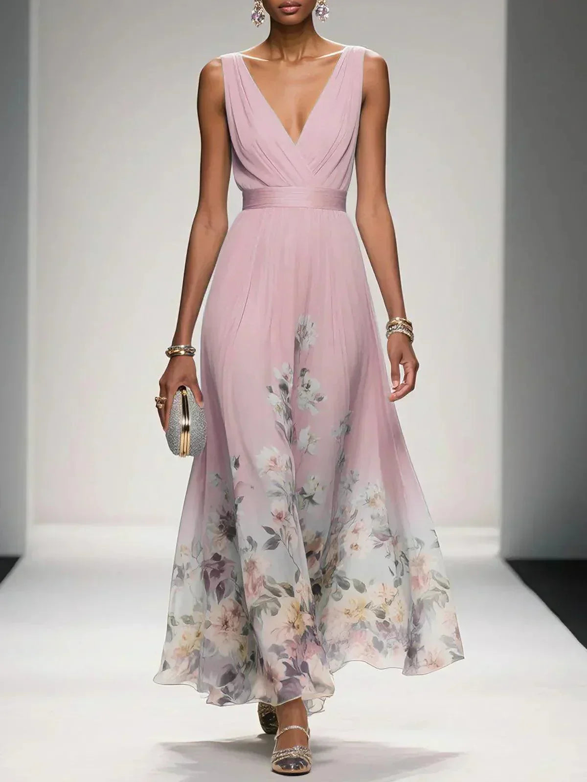 Women floral print maxi dress with V-neckline, flowing A-line silhouette