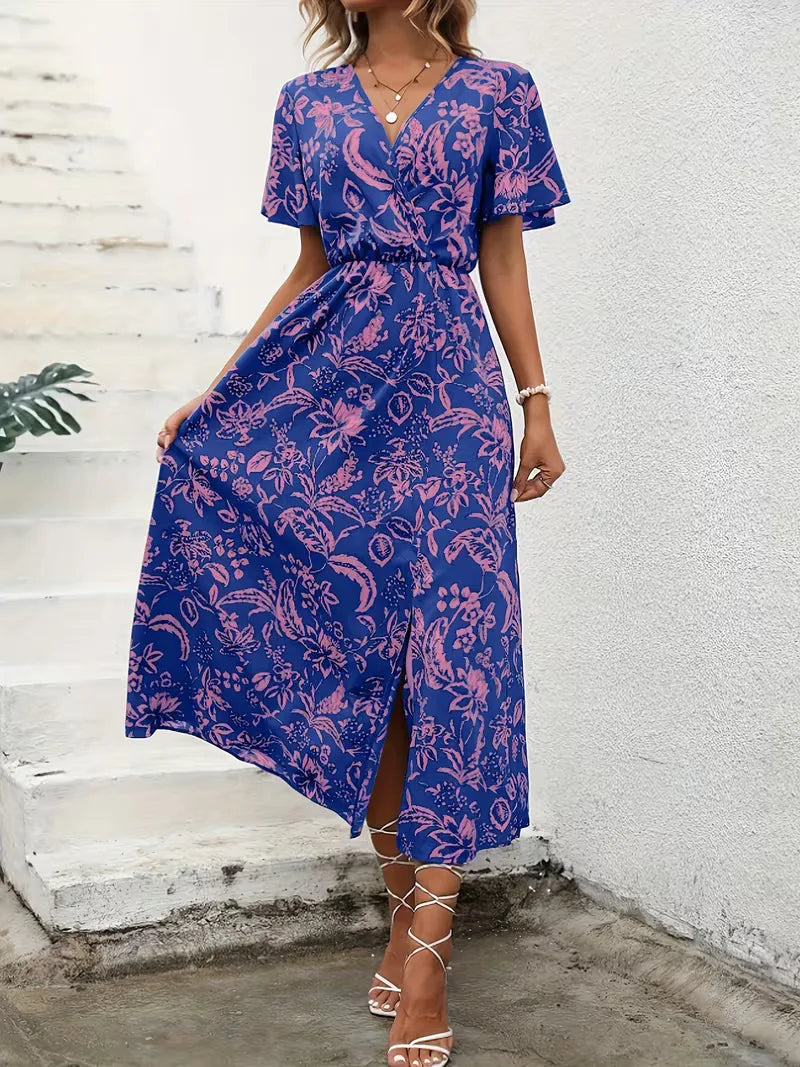 Floral Wrap Summer Dress | Bohemian, Midi, Short Sleeve