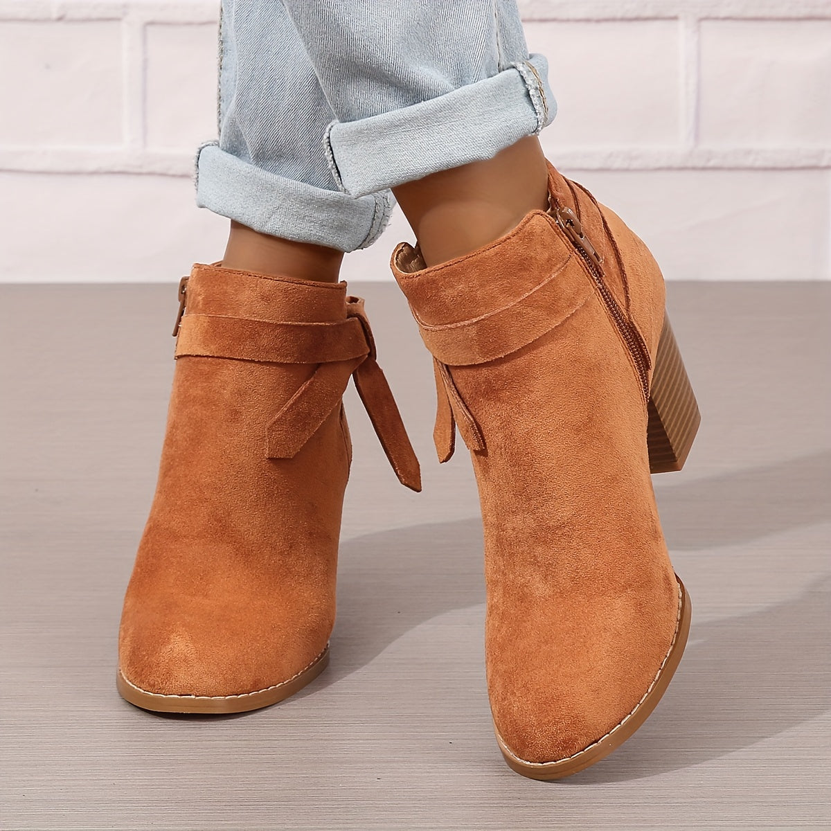 Women pointed toe block heel ankle boots with bow detail and side zip