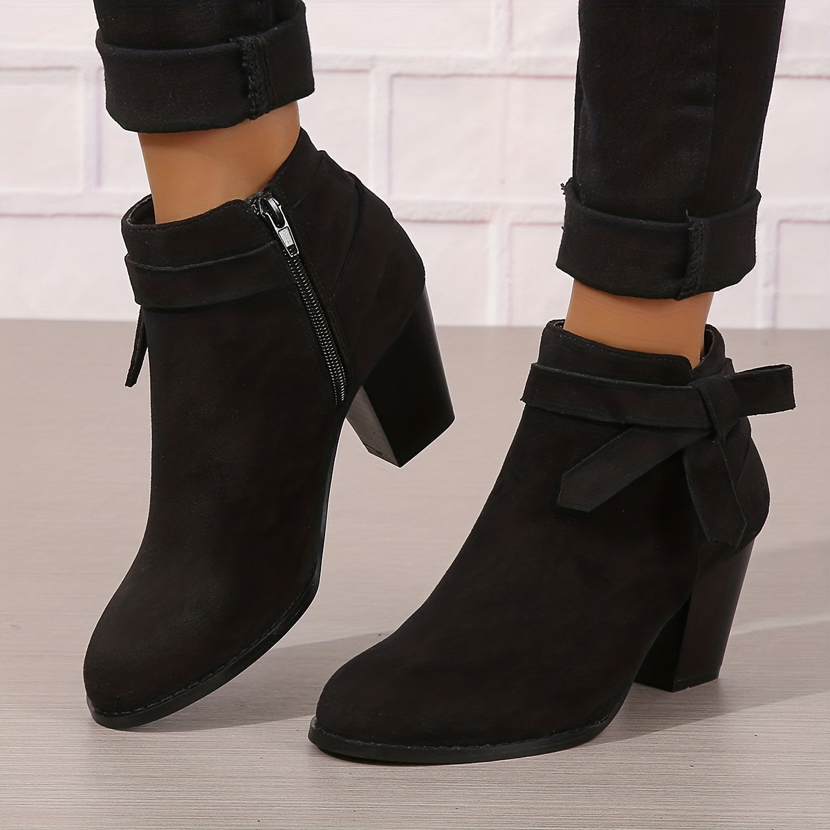 Women pointed toe block heel ankle boots with bow detail and side zip