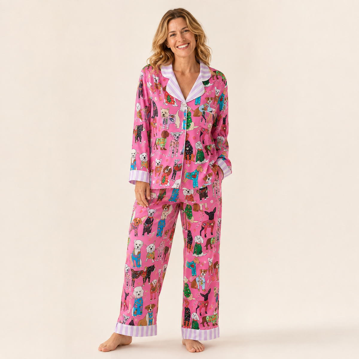 Womens satin Christmas pyjamas set with long sleeve top and full length pants