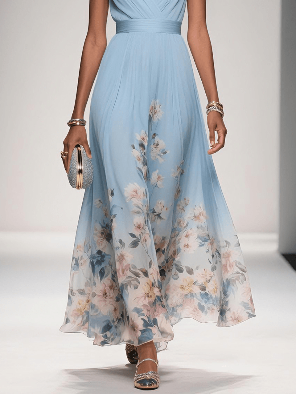Women floral print maxi dress with V-neckline, flowing A-line silhouette