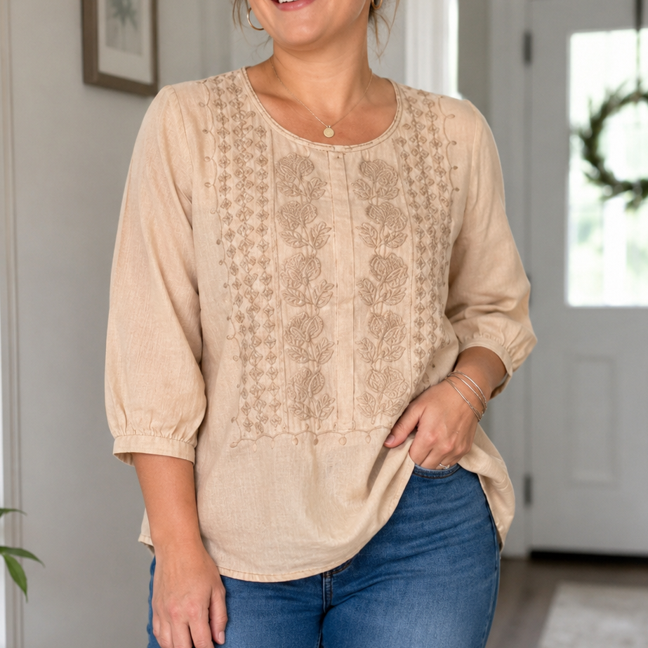 Women's Short Sleeve Shirt | Airy Viscose, Embroidered Detail | Summer