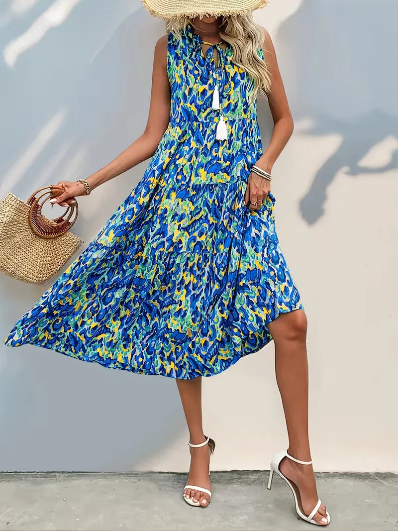 Linen Loose Summer Dress | Bohemian A-Line, V-Neck | Colorful