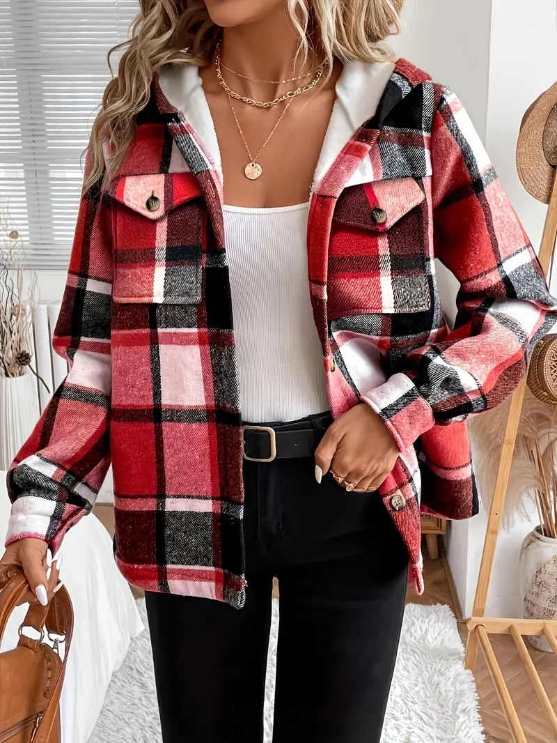 Plaid hooded jacket women with fleece lining and hood