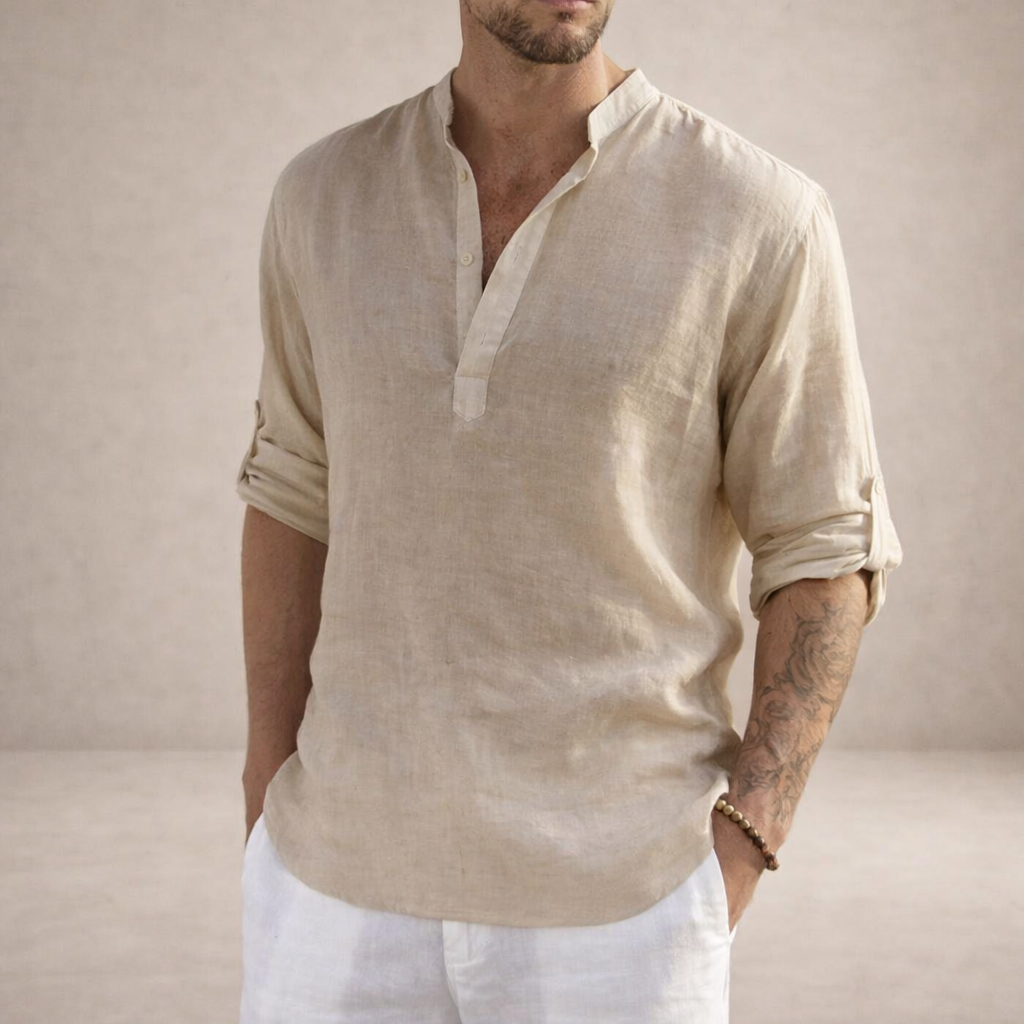 Men's Linen Shirt | Regular Fit, Long Sleeves, Standing Collar
