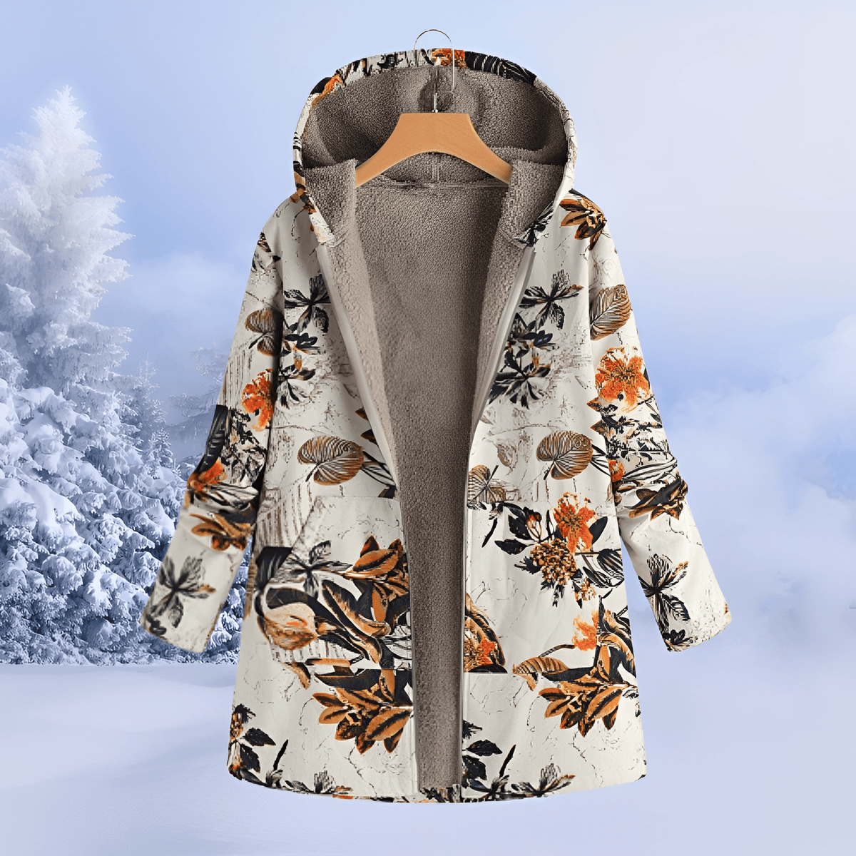Women longline floral print hooded parka relaxed fit fleece lined