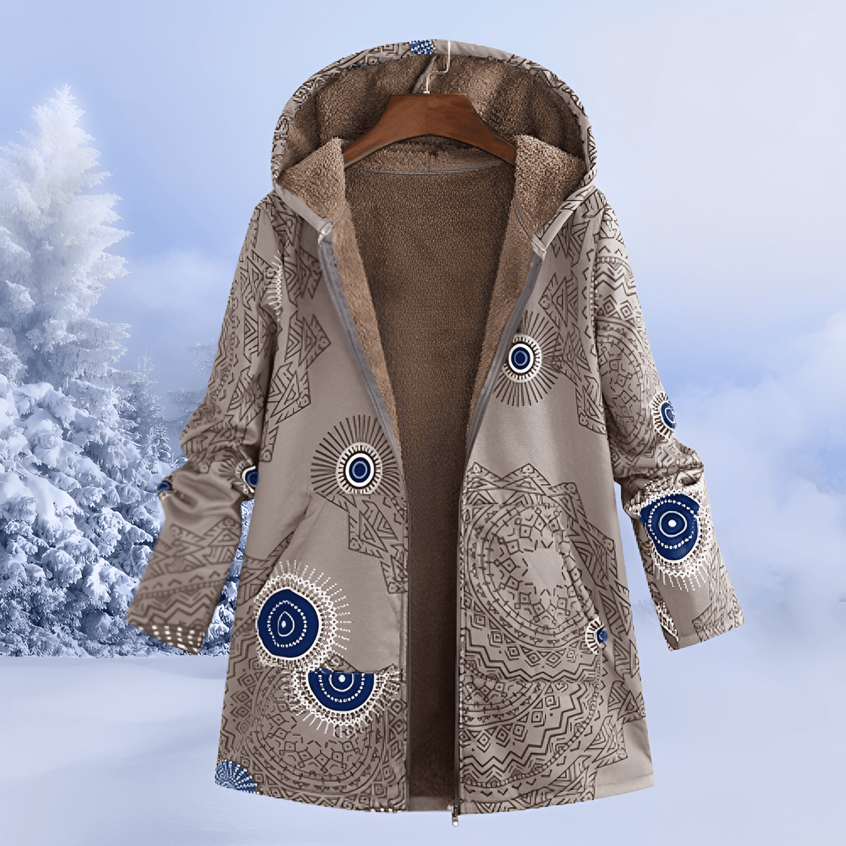 Women longline floral print hooded parka relaxed fit fleece lined