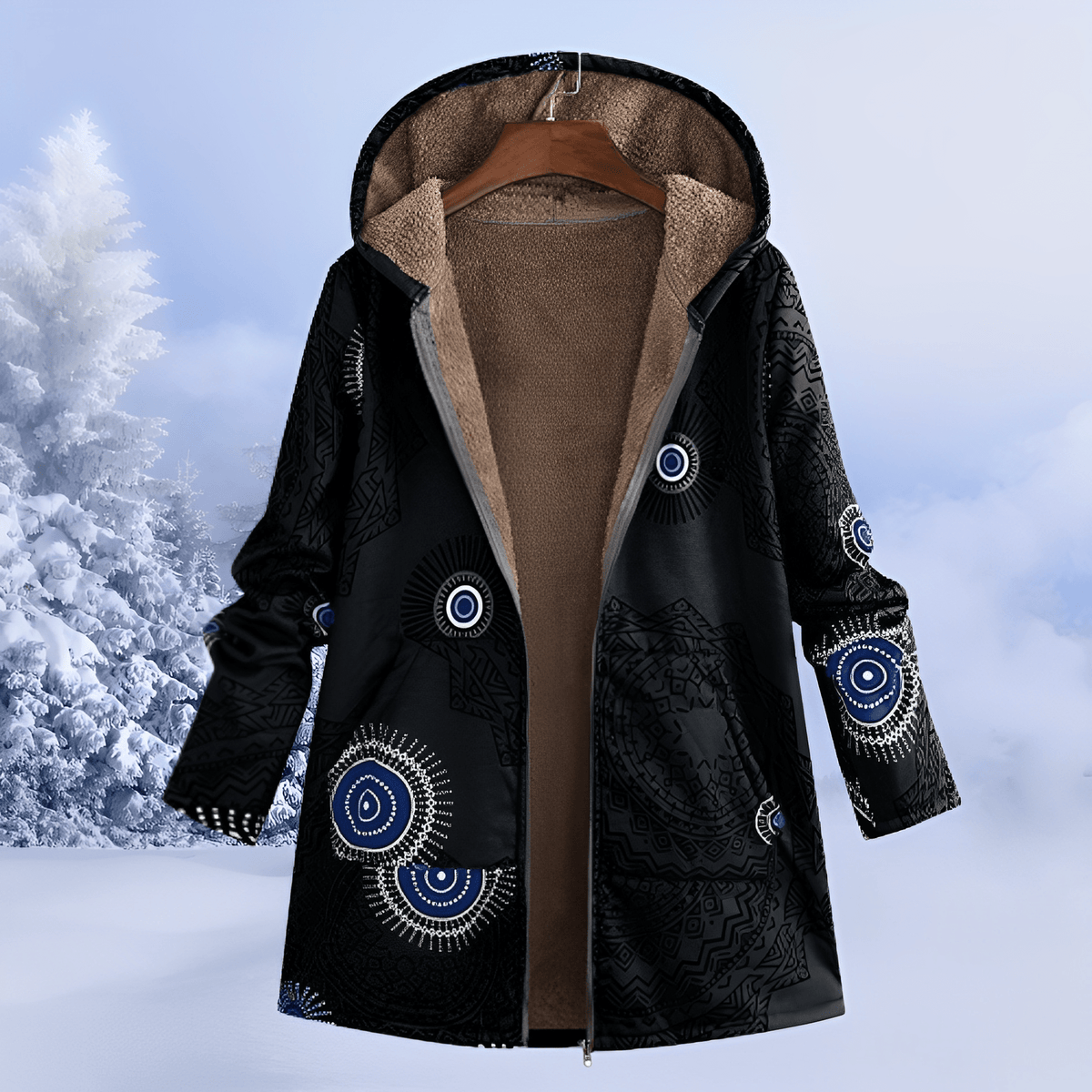 Women longline floral print hooded parka relaxed fit fleece lined