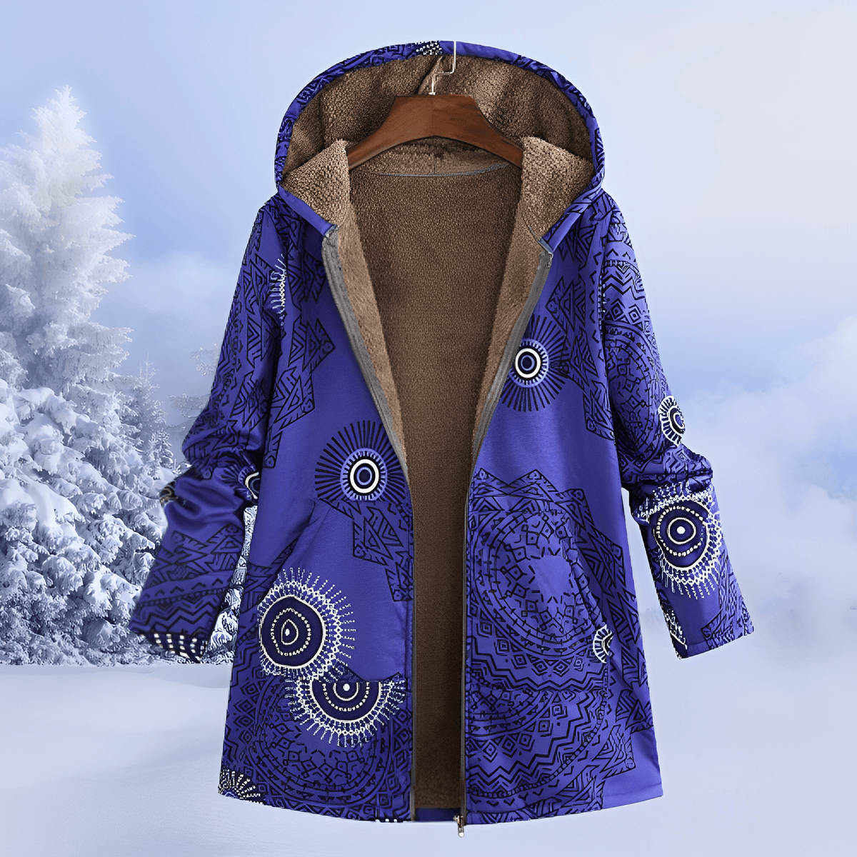 Women longline floral print hooded parka relaxed fit fleece lined