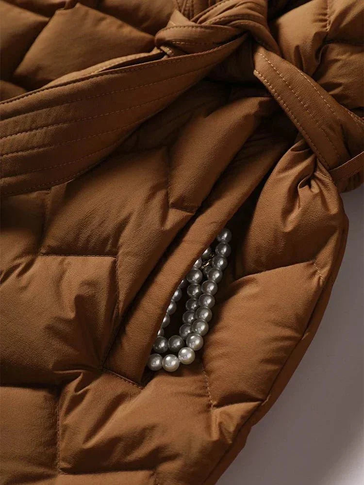 Elegant women's puffer jacket - with belt - warm - stylish