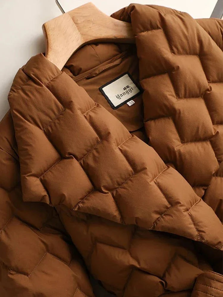 Elegant women's puffer jacket - with belt - warm - stylish