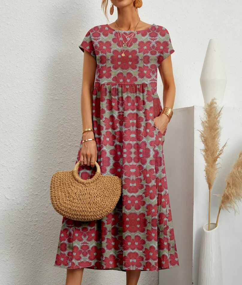 Floral Wrap Summer Dress | A-Line, Short Sleeves | Women's