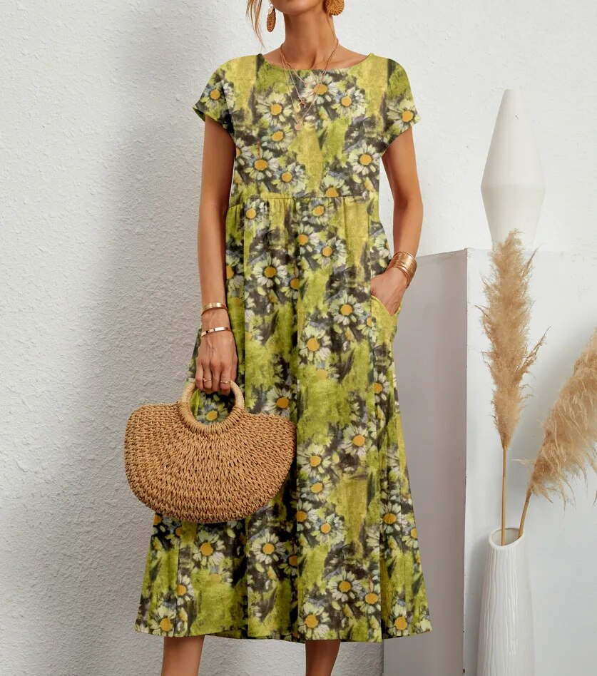 Floral Wrap Summer Dress | A-Line, Short Sleeves | Women's