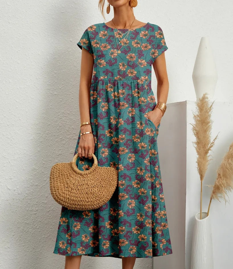 Floral Wrap Summer Dress | A-Line, Short Sleeves | Women's