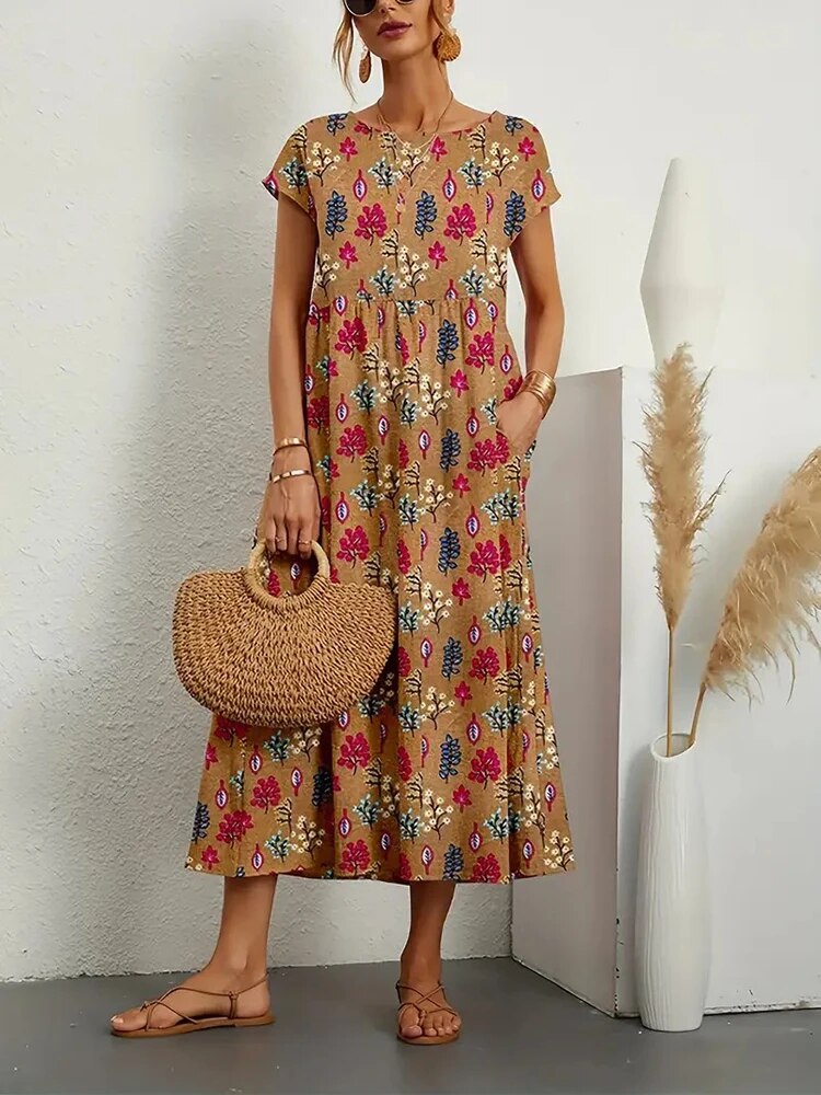 Floral Wrap Summer Dress | A-Line, Short Sleeves | Women's