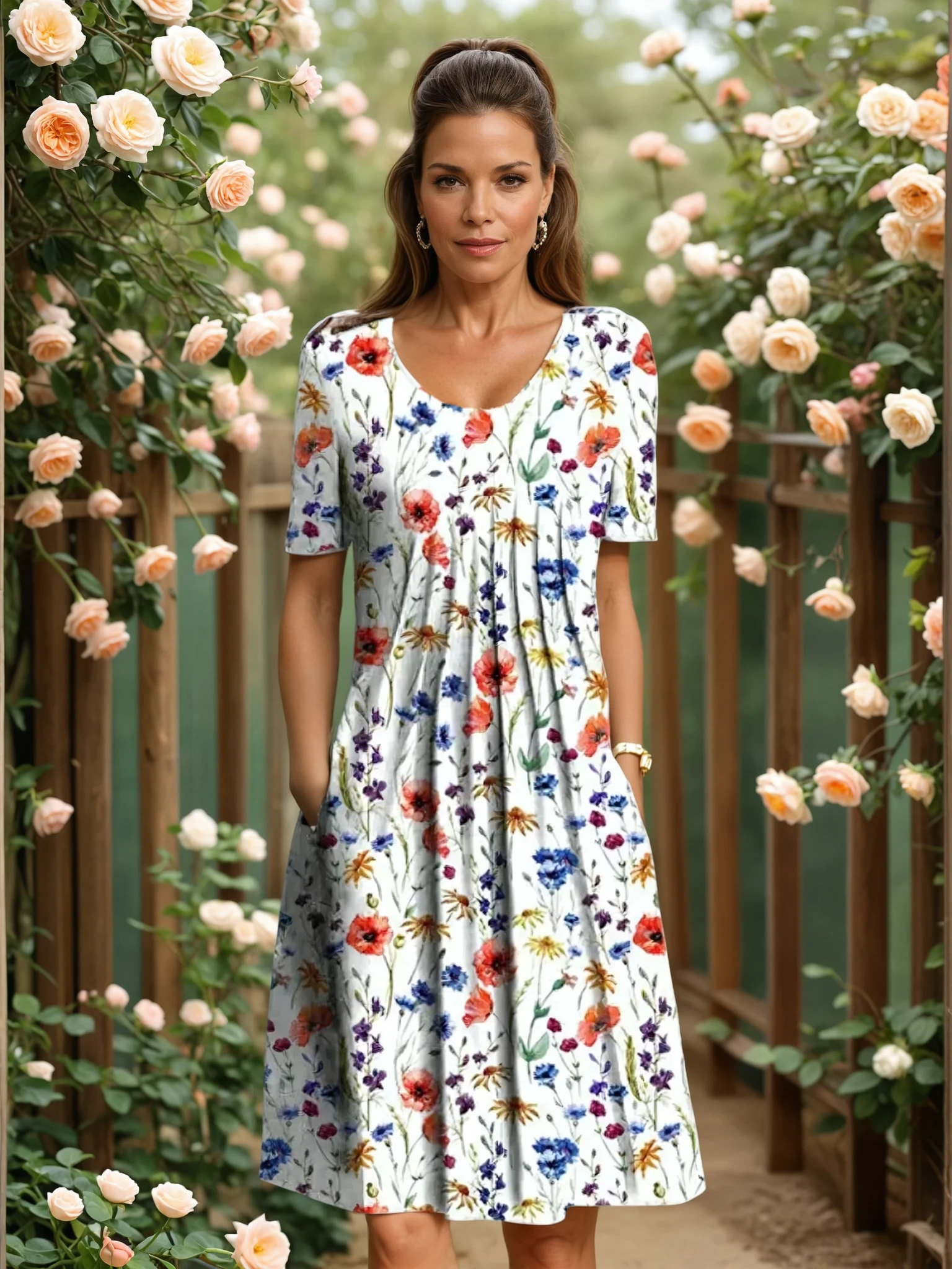 Women's Floral Wrap Summer Dress | V-Neck A-Line Midi