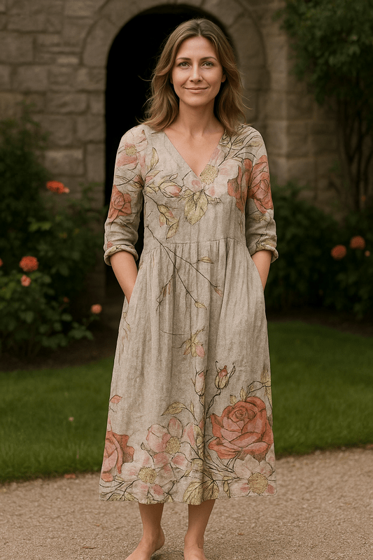 Linen Loose Summer Dress | Floral Print, Long Sleeves | Women's