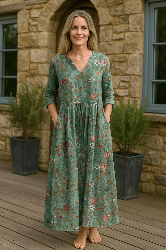 Linen Loose Summer Dress | Floral Print, Long Sleeves | Women's