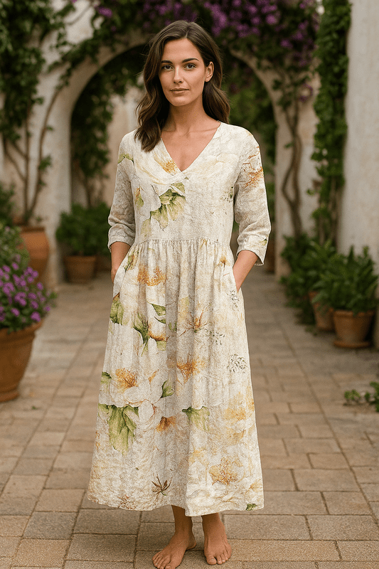 Linen Loose Summer Dress | Floral Print, Long Sleeves | Women's