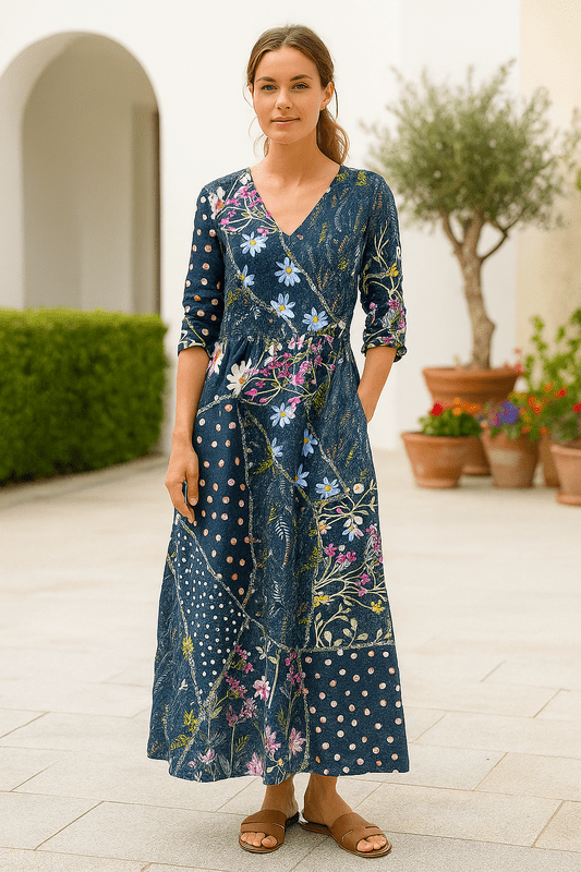 Linen Loose Summer Dress | Floral Print, Long Sleeves | Women's