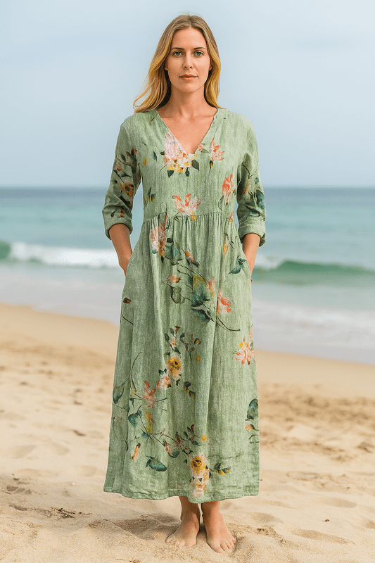 Linen Loose Summer Dress | Floral Print, Long Sleeves | Women's