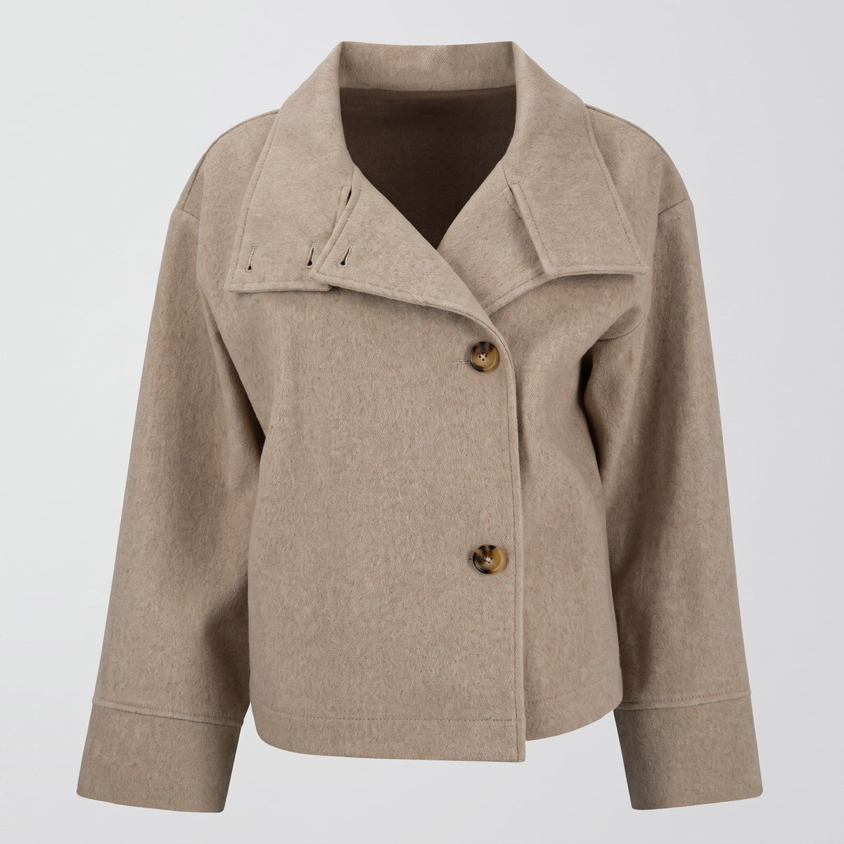Women oversized stand collar jacket button front cropped hip length