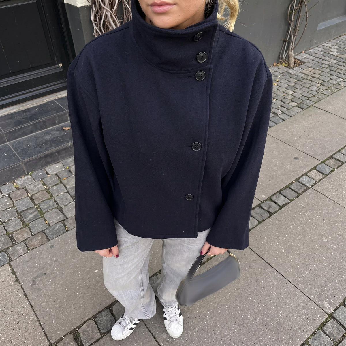 Women oversized stand collar jacket button front cropped hip length
