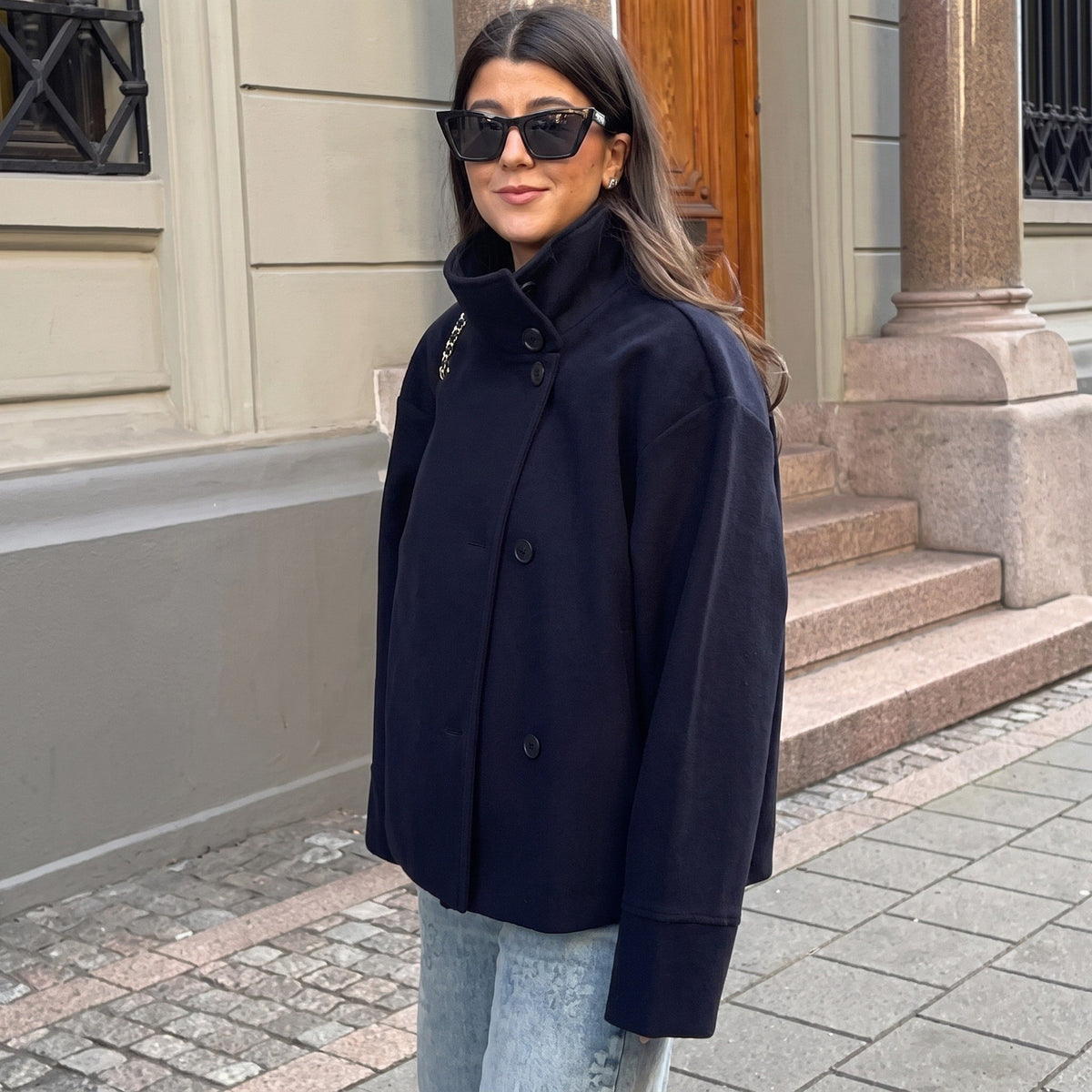 Women oversized stand collar jacket button front cropped hip length